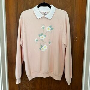 VTG Jerzees Collared Embroidered Flower‎ Sweatshirt XL 46 Cottagecore Grannycore
